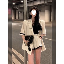 西蒙莱纳西装套装女夏季新款气质白色西服外套短袖上衣高腰短裤两