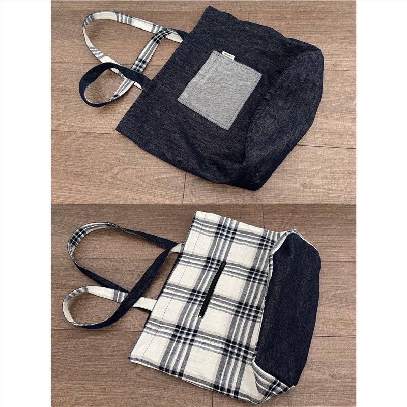 Retro Denim Plaid Stitching Double-Sided Tote Shoulder Bag Korean Simple Preppy Style Versatile Homemade Autumn and Winter New