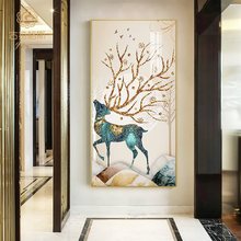 中式高档入户玄关装饰画竖版轻奢现代发财鹿壁画客厅餐厅走廊挂画