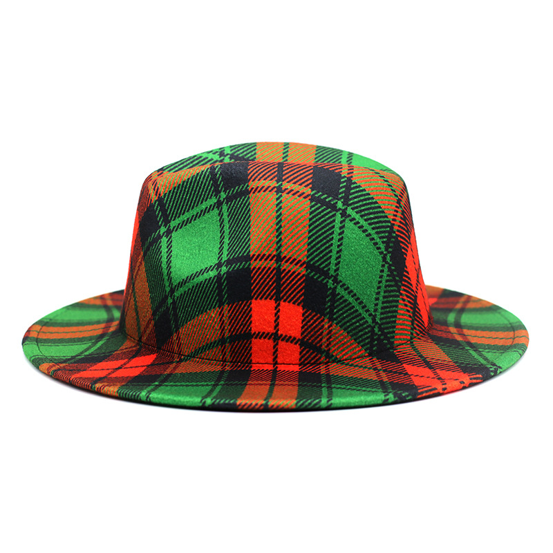 圣诞礼帽经典红绿格子爵士帽欧美秋冬节日装饰帽子仿羊毛毡帽-阿里巴