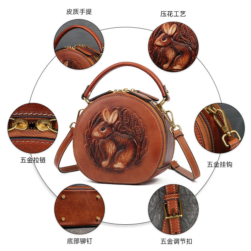 New Rabbit Embossed Handbag Genuine Leather Women's Bag Retro Ethnic Style Small round Bag First Layer Leather One-Shoulder Messenger Bag