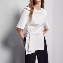 ELLE白色纯棉短袖t恤女2023夏季新款宽松半袖不规则设计感上衣