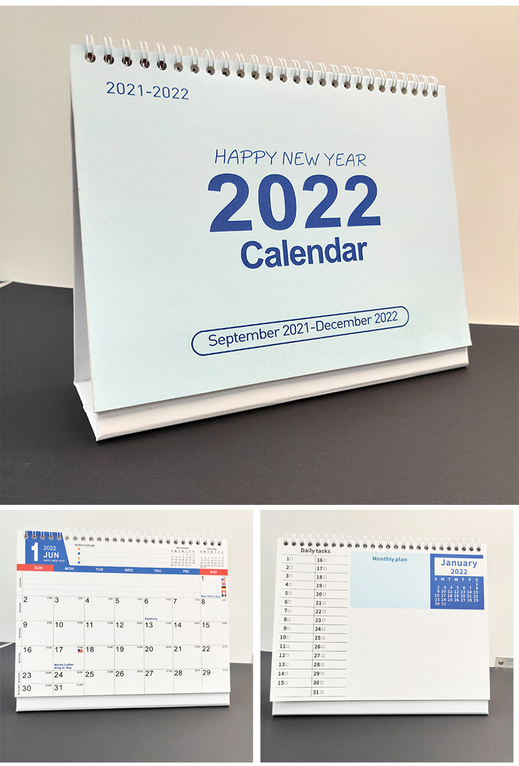英文版2022年简约手绘风台历定制可印logo 办公室桌面记事台日历