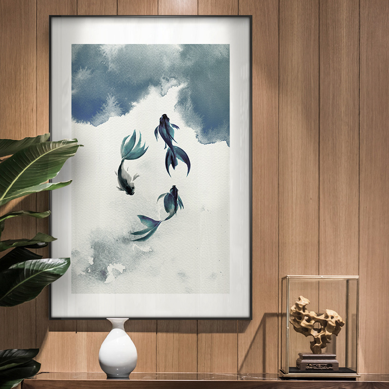 酒店大堂新中式水墨装饰画客厅沙发背景墙画禅意游鱼挂画水墨壁画