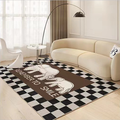 Cross-Border French Retro Living Room Carpet Dark Green Middle and Ancient Chess Board Grid Floor Mat High Sense Ins Style Bedroom Bedside