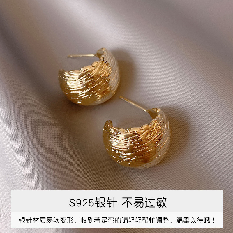 Wide Surface Semi-Curved Earrings 2022 New Trendy Fashion Hong Kong Style Earrings Internet Celebrity Sterling Silver Needle Earrings in Stock
