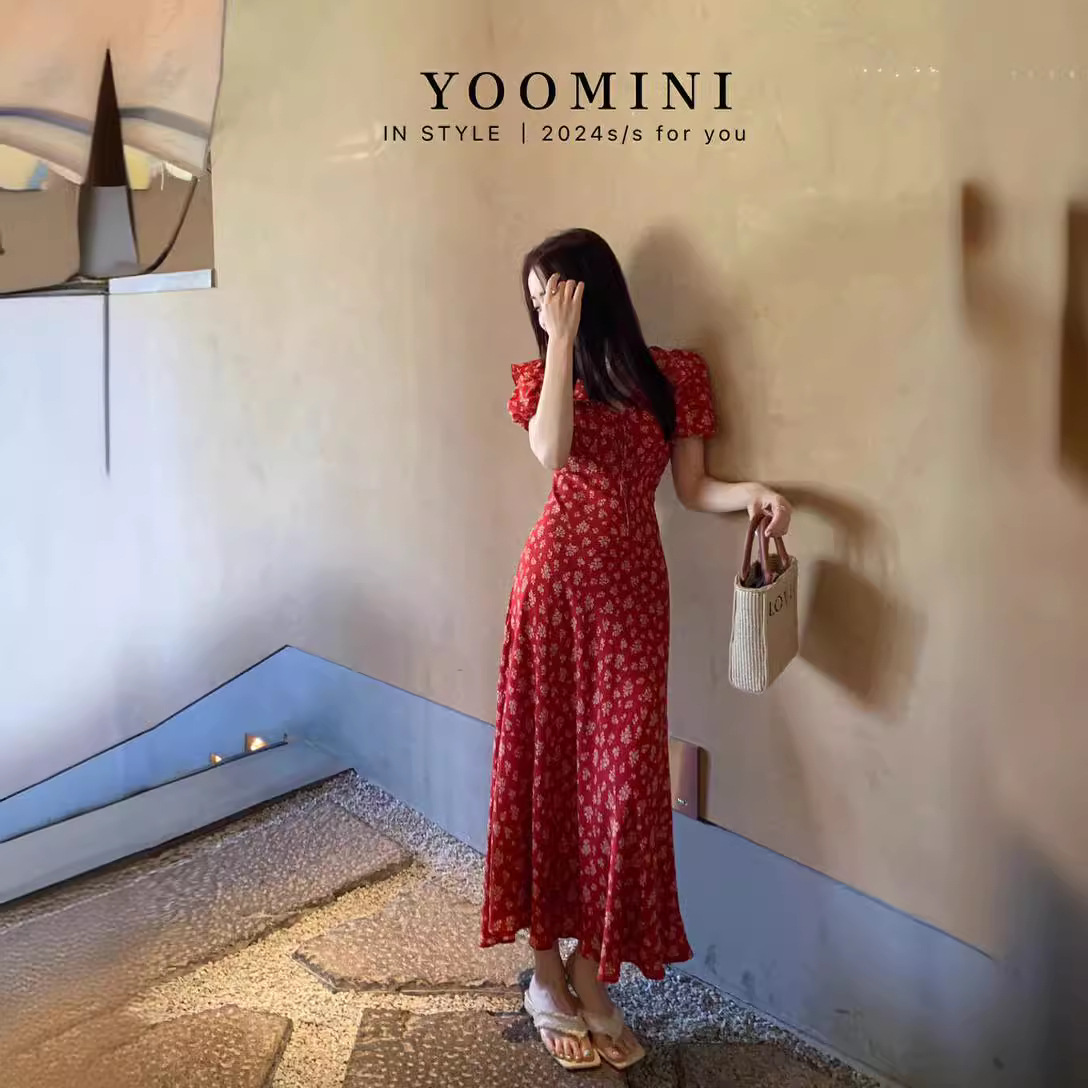 yoomini法式碎花雪纺连衣裙女夏季新款收腰复古气质中长款a字裙子