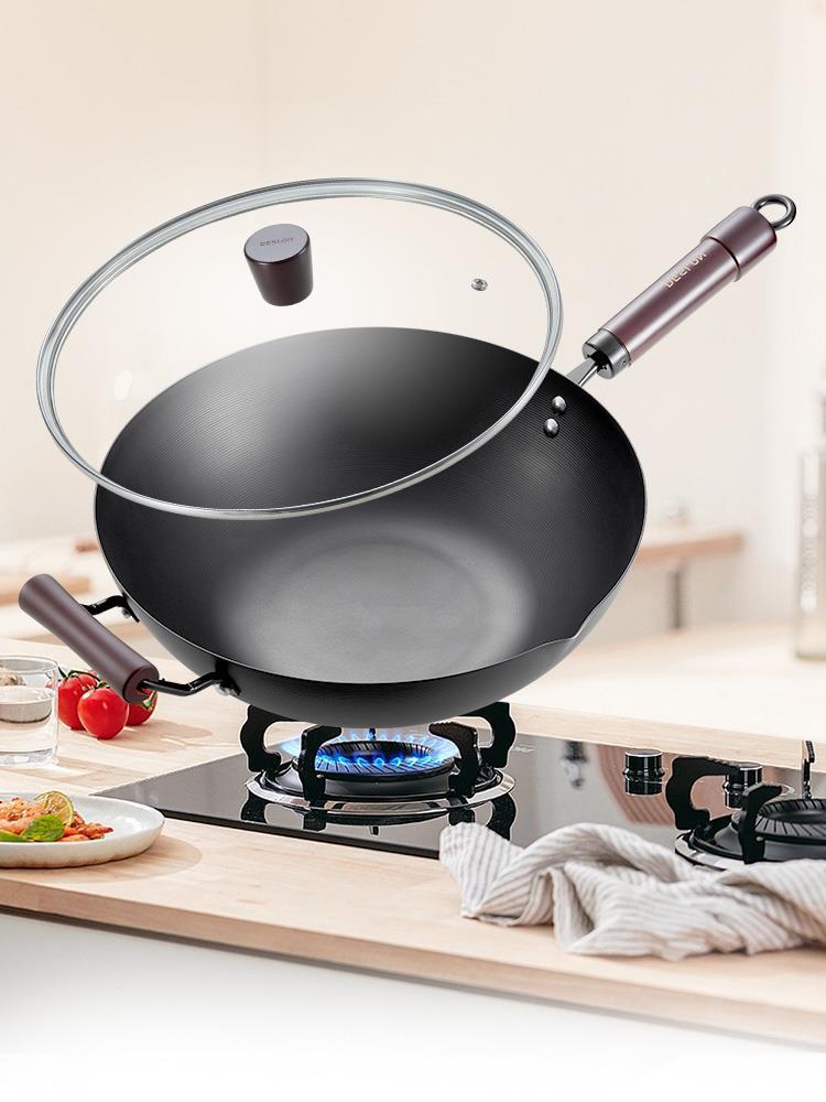 德世朗铁锅炒锅精铁平底锅家用炒菜锅无涂层窒化铁锅轻燃气灶适用
