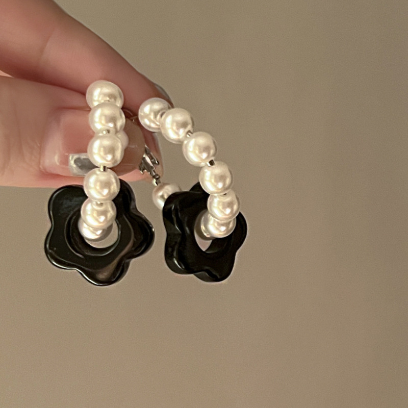 Silver Needle New Chinese Style Black Bamboo Flower Pearl Tassel Earrings Elegant All-Match Earrings High-Grade Earrings for Women