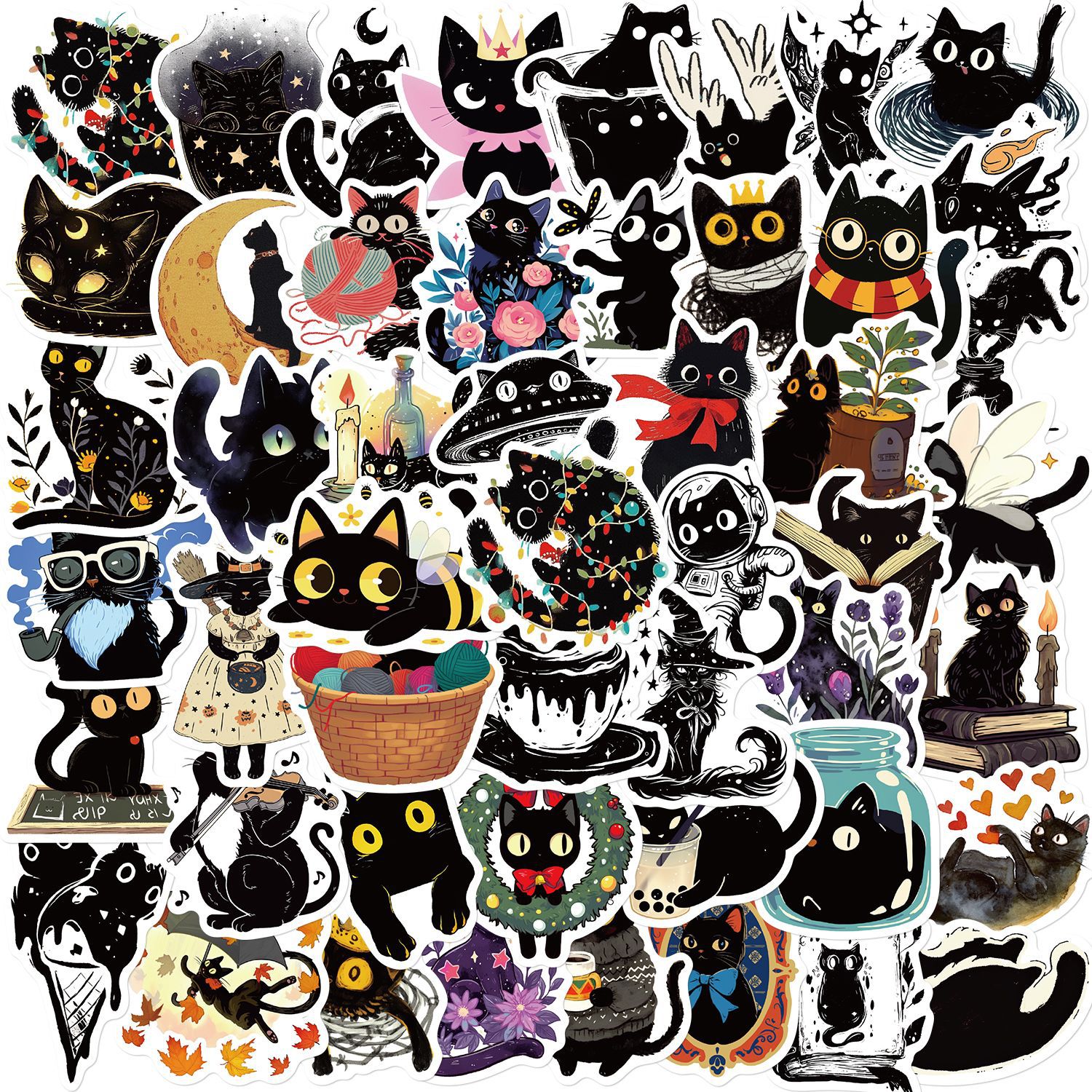 50张/套不重复卡通可爱黑猫个性创意贴纸涂鸦装饰diy行李箱贴纸