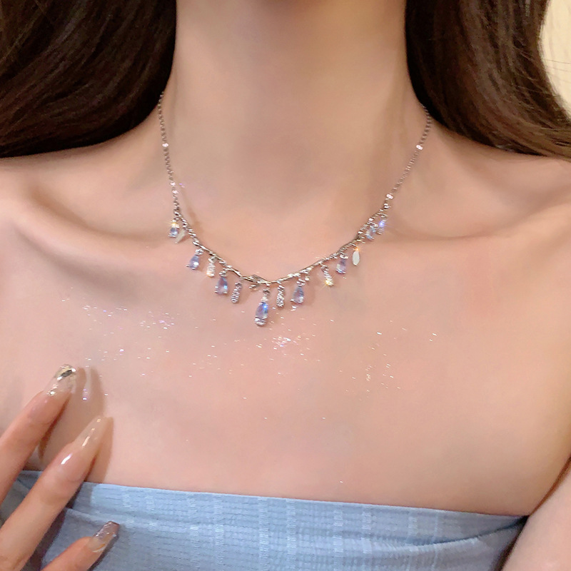 delicate bead-set diamond water drop branch necklace elegant graceful advanced design clavicle chain internet celebrity same style necklace wholesale