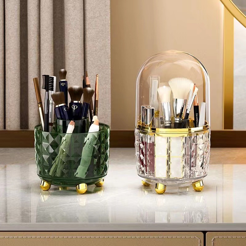 Rotating Cosmetic Brush Storage Container Dustproof with Cover Cosmetics Storage Box Dresser Table Lipstick Eye Shadow Storage Rack