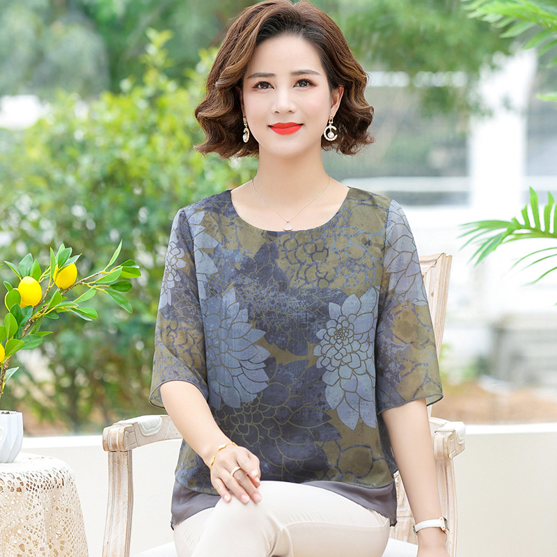 2023 Middle-Aged Mother Printed Chiffon Top Fashion T-shirt Middle-Aged and Elderly Women's Clothing Spring and Summer Half Sleeve Floral Blouse