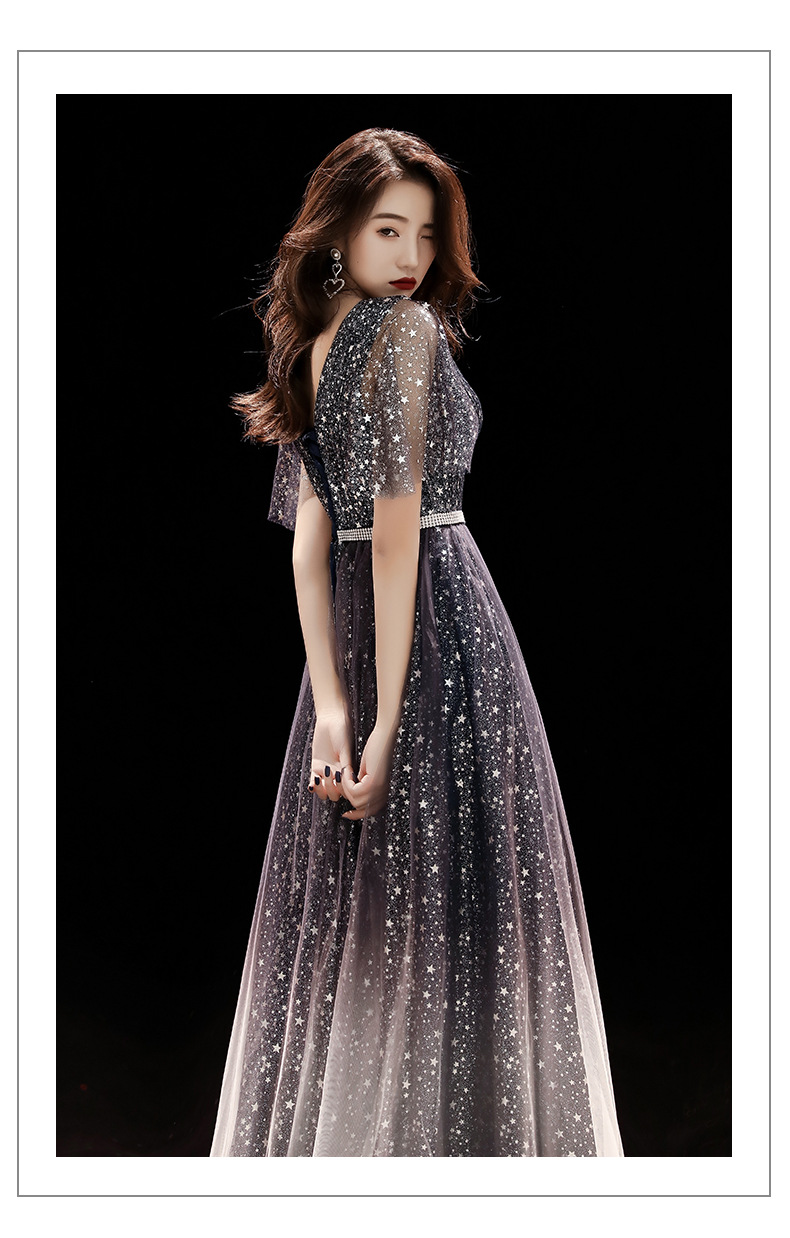 合唱团演出服宴会晚礼服女2022夏季新款星空渐变主持人显瘦连衣裙