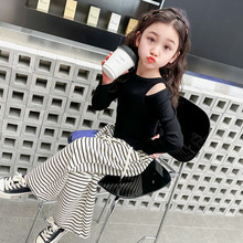 女童条纹阔腿裤套装2024春季新款韩版两件套一件代发洋气网红童装
