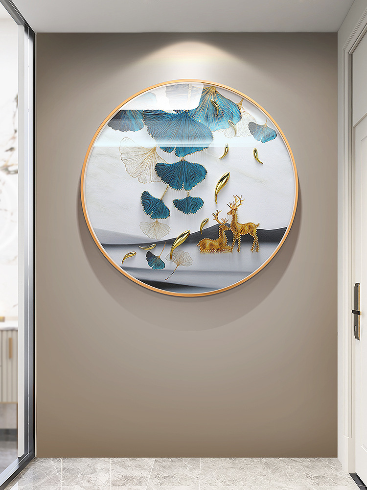 九鱼图圆形装饰画北欧轻奢风实物画客厅餐厅玄关银杏叶背景墙挂画