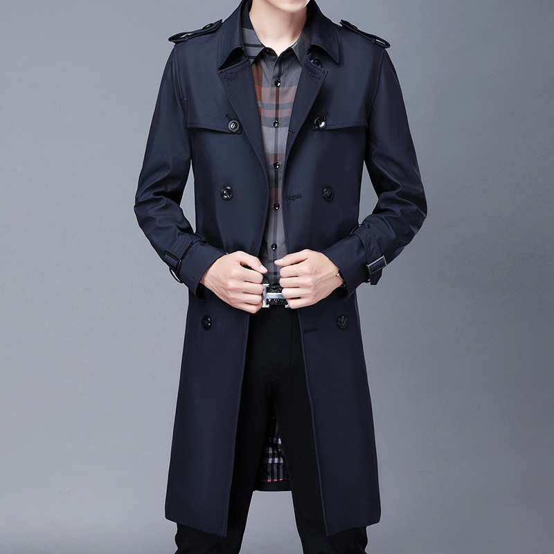 外贸欧版男士冬季新款纯色绝地求生时尚翻领双排扣个性长款风衣批