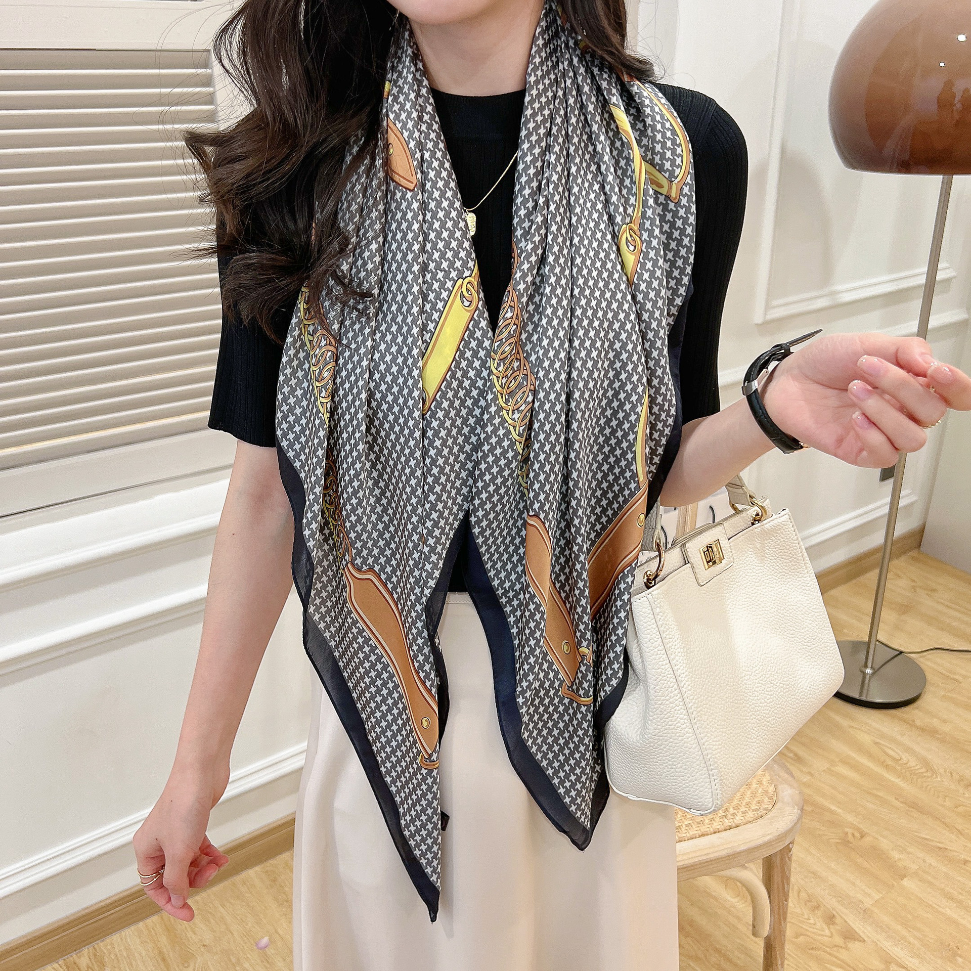 European and American 2022 New 90 Large Kerchief Silk Scarf Women's Artificial Silk Spring and Summer Sun Protection Scarf Western Style Scarf Small Square Towel