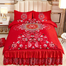 简约新款婚庆大红大版印花被套床单款四件套新婚喜被床上用品