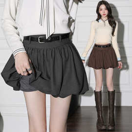 2025秋新款配腰带高腰咖色花苞短裙女韩版减龄休闲半身裙女灰色