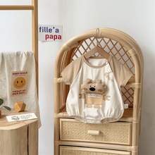 韩版婴幼儿童装夏季薄款短袖爬服机器小熊哈衣0-2岁男宝宝包屁衣1