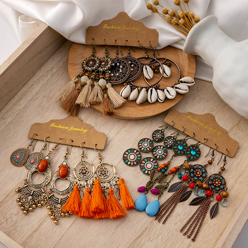 european and american cross-border bohemian style tassel earrings personalized retro vacation simple all-match temperament earrings set