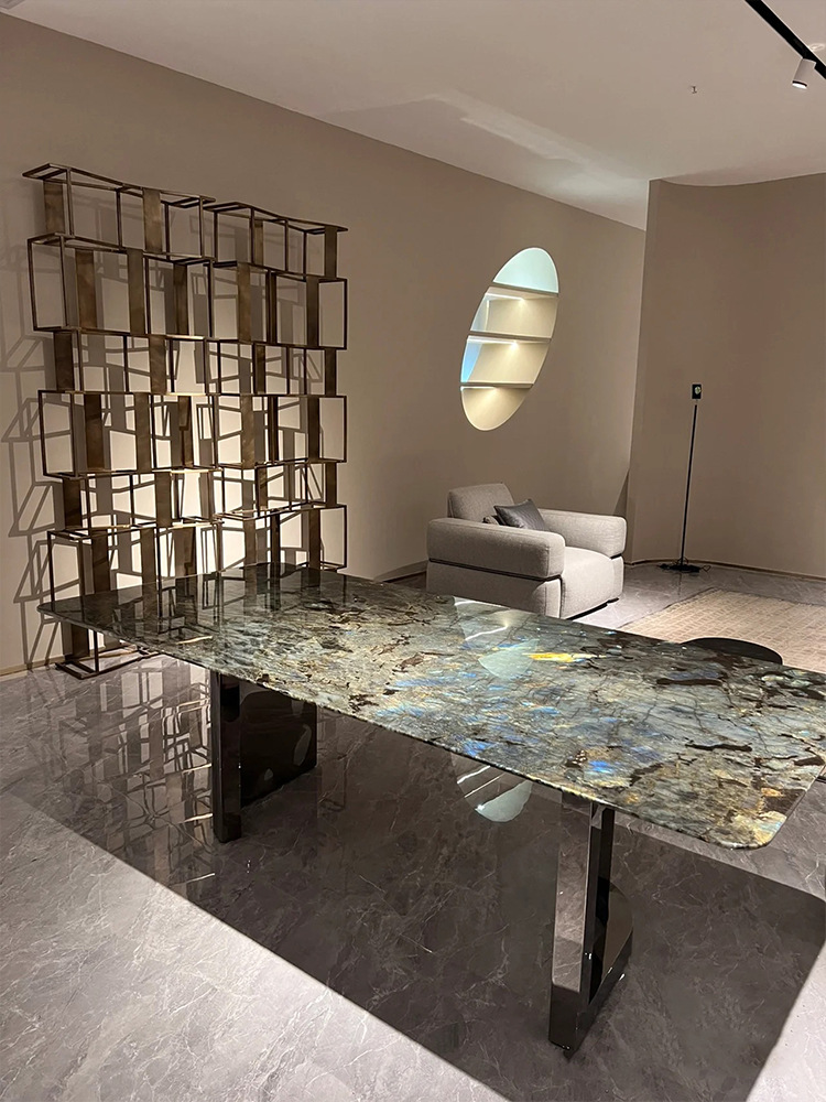 蓝翡翠奢石餐桌意式轻奢高端天然大理石蓝宝石长方形圆形圆桌