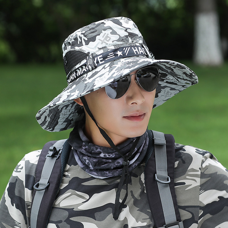 Hat Men's Summer Camouflage Sun-Shade Fisherman Hat Outdoor Fishing UV Protection Big Brim Anti-DDoS Sun Hat Wholesale