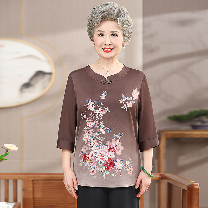 奶奶夏装短袖女中老年人雪纺t恤妈妈2024新款圆领小个子老人洋气