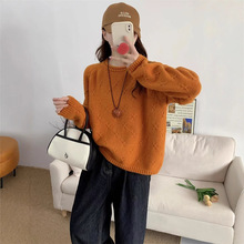 复古钩花毛衣女秋冬新款宽松慵懒风插肩袖温柔圆领套头针织衫上衣