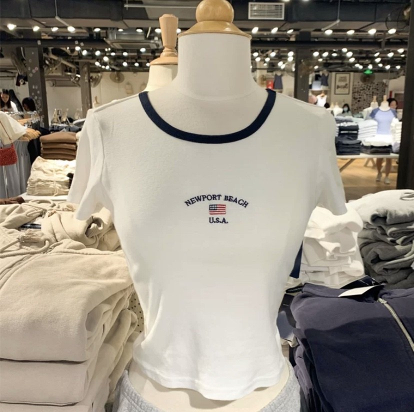 brandymelville 国旗刺绣t恤bm圆领休闲显瘦拼色短款露脐女式短袖