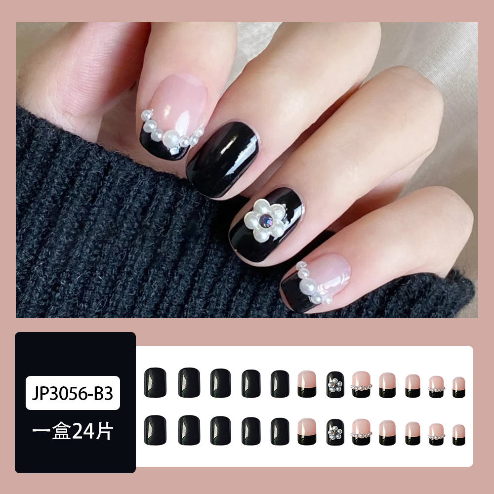 短款方圆头珍珠小花假指甲贴片新品可拆卸超薄穿戴甲盒装成品美甲