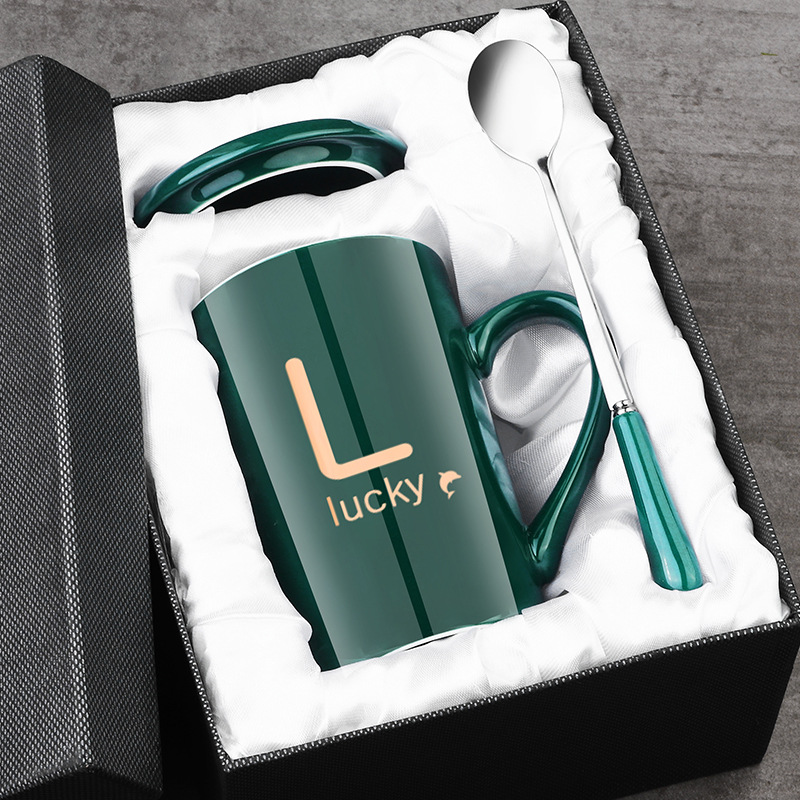 Mug Simple with Lid Spoon Ceramic Cup Hand Gift Box Cup Couple Office Water Cup Coffee Cup Large Capacity