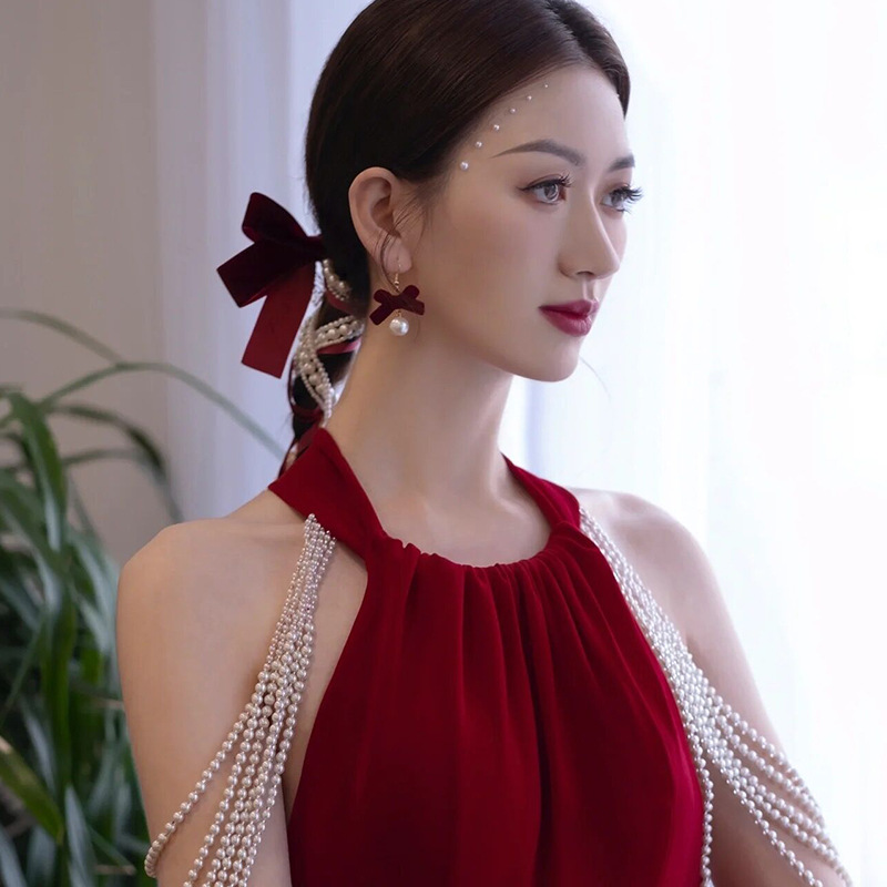 红色蝴蝶结长流水套装宴会礼服发饰新娘结婚头饰影楼摄影配饰批发