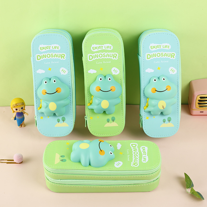 21159麦和mhm070062小恐龙绿仔解压双层笔盒卡通动物pu文具笔袋方