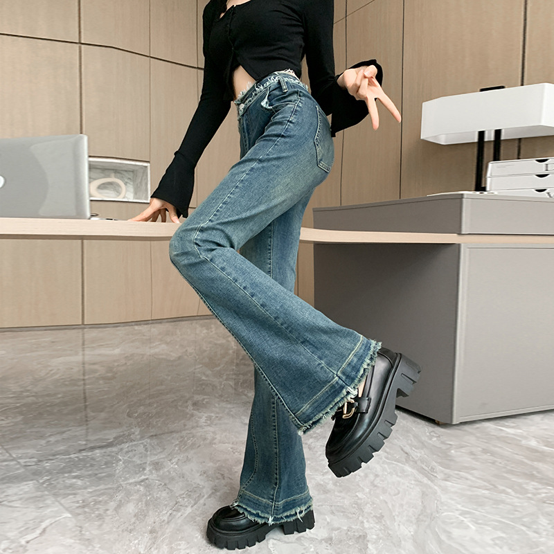  Hot Girl Frayed Horseshoe Jeans Women's Spring and Autumn Retro Design Bootleg Pants Slim Fit Slim engthened Mop Pants