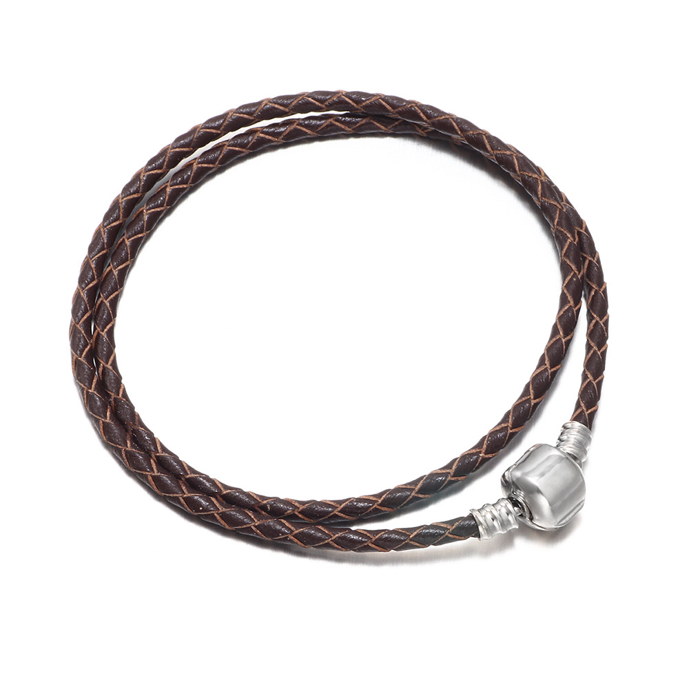 Cross-Border Hot Solid Color Bracelet Cowhide Handmade Braided Rope Double Circle Bracelet Silver Metal Buckle Multicolor Personalized Bracelet