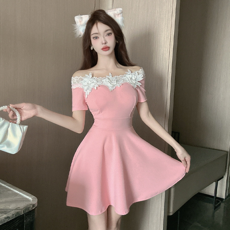 2706跨境外贸女装批发东南亚性感蕾丝拼接一字领露肩包臀连衣裙女