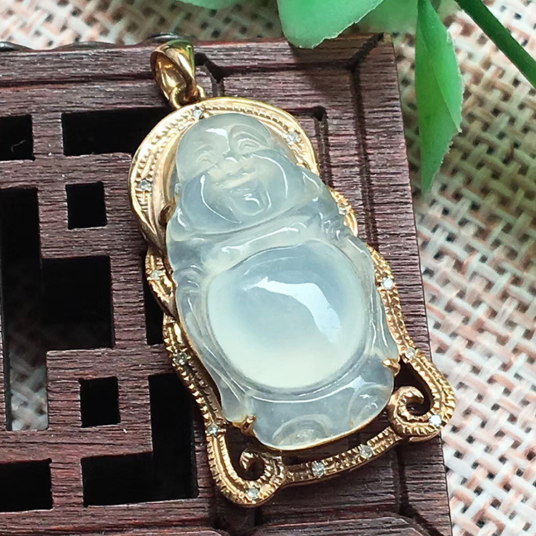 18k金配钻镶嵌翡翠玉器a货玉佛笑佛