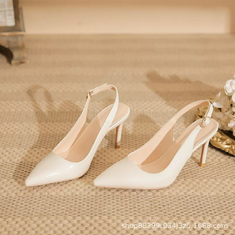 2026春夏新款包头高跟鞋女细跟一字带网红浅口米白色浅口后空单鞋