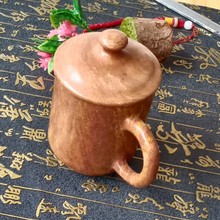 家用办公茶杯茶具 带盖砭石茶杯 大容量 富贵红砭石手柄茶杯