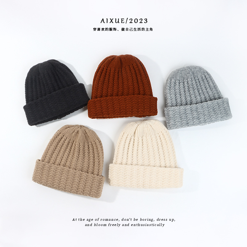 23 New Hat Female Acrylic Knitted Cap Foreign Trade Hat European and American Autumn and Winter Imitation Cashmere Solid Color Knitted Woolen Cap