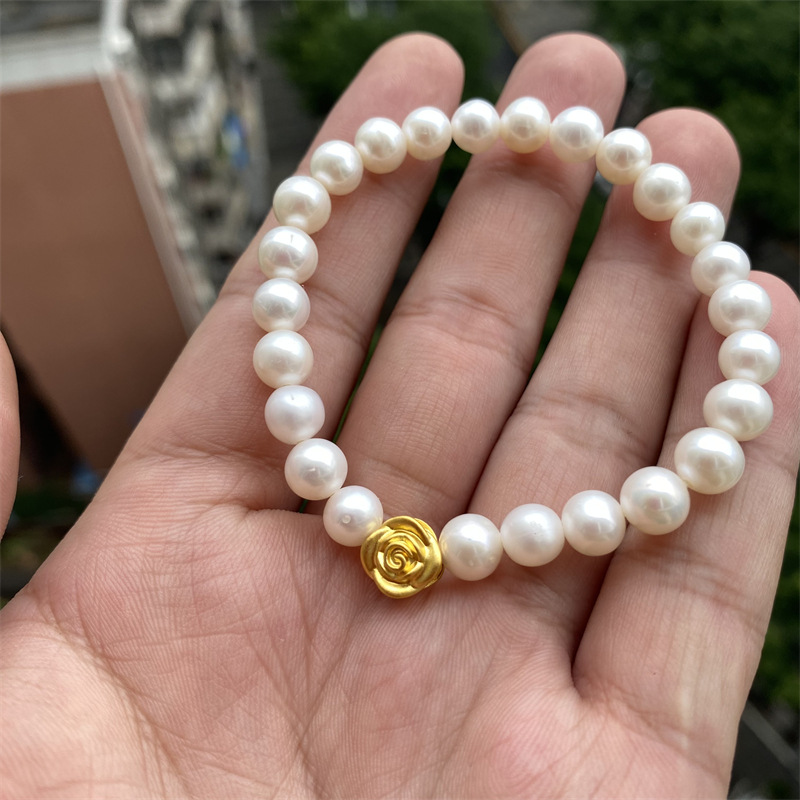 黄金手链足金玫瑰花转运珠女款手串3d硬金天然淡水珍珠手串送老婆