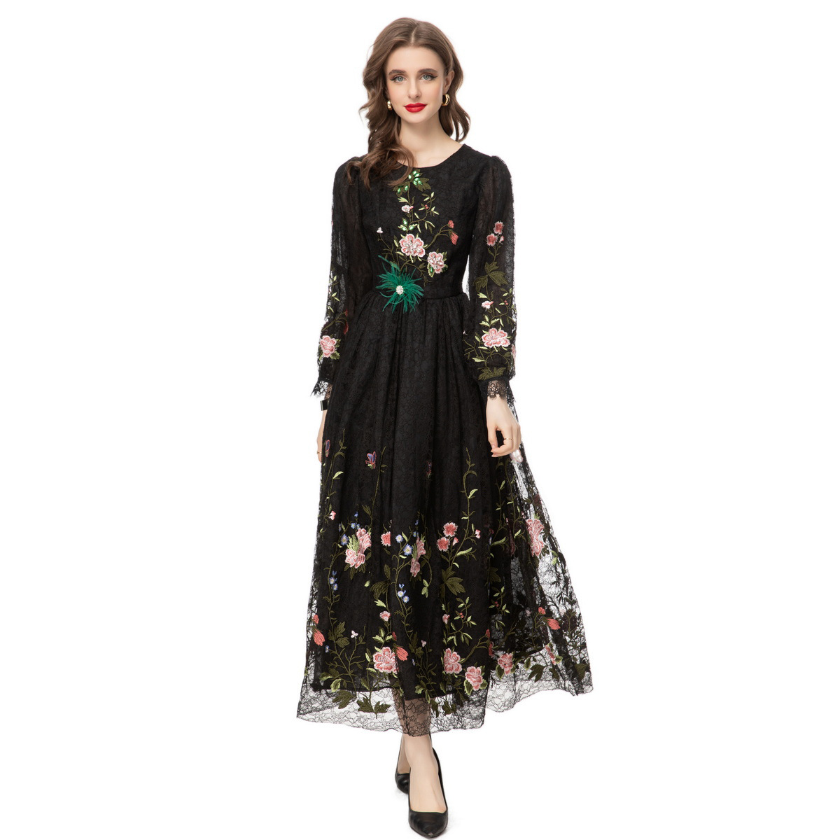 ramadan dress 黑色羽毛长裙2024春季新款钉珠刺绣花长袖连衣裙女