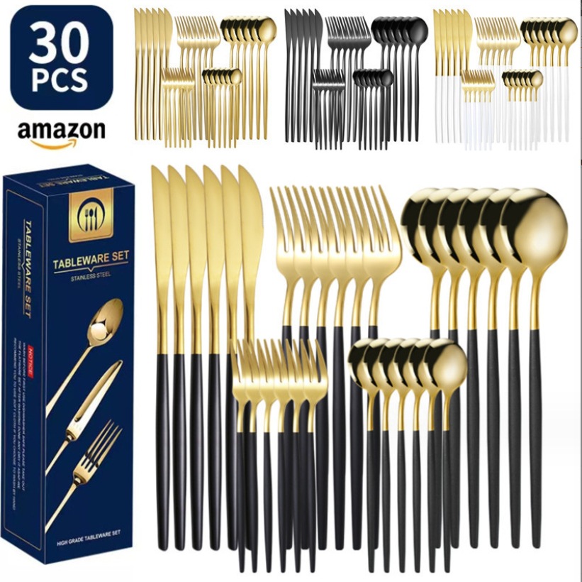 Stainless Steel Knife and Forks 30-Piece Set Portuguese Tableware Golden Set Creative Western Food Steak Knife, Fork and Spoon