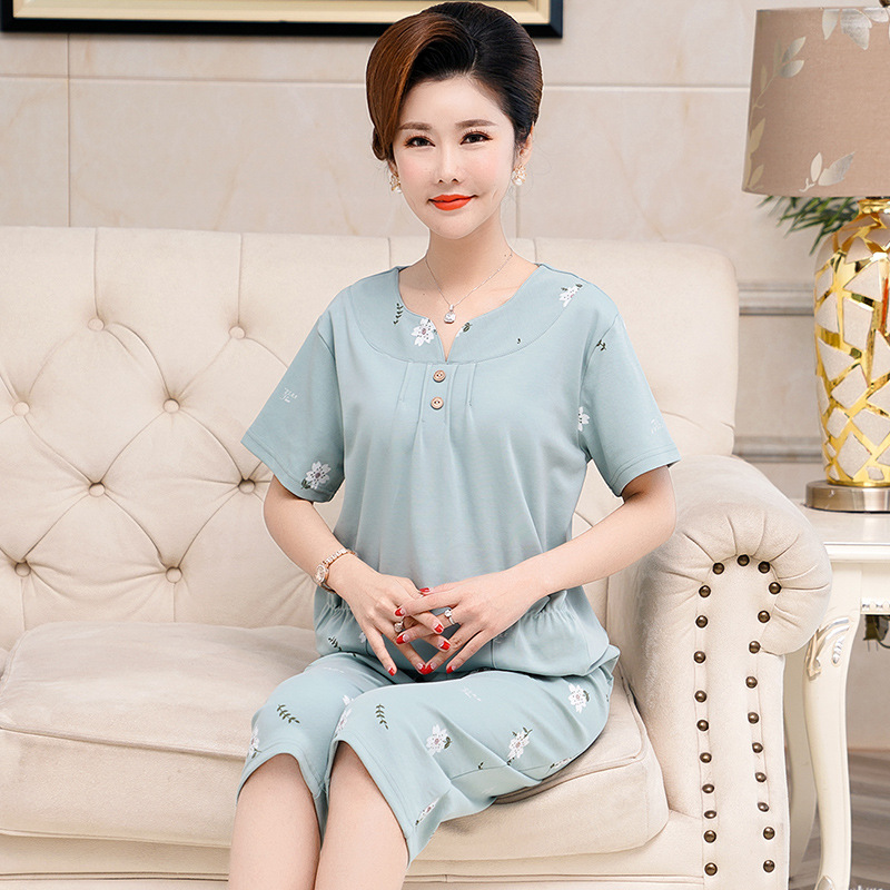 Middle-Aged and Elderly Pajamas Women's Summer Cotton Mom Cropped Pants Home Wear Middle-Aged plus Size Short Sleeve Shorts Suit