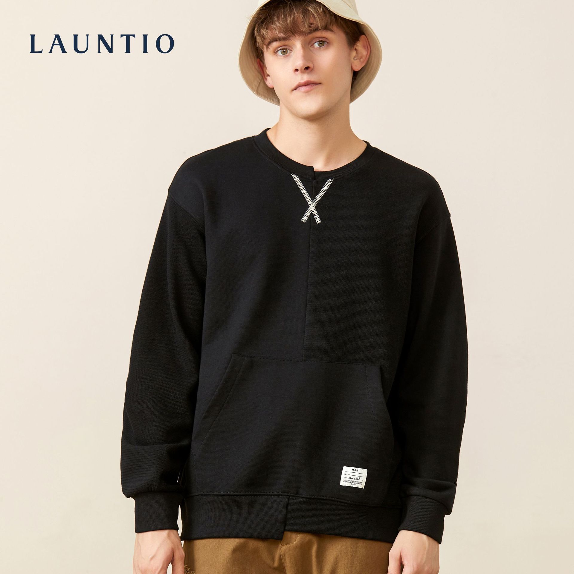 龙之服饰22春季380g克不对称男士卫衣勾线拼接t恤潮牌圆领卫衣男