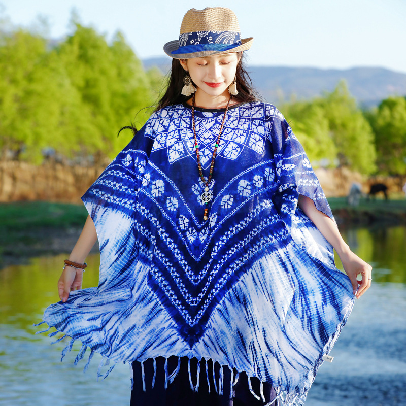 ethnic style blue tassel cape and shawl women‘s spring and summer new cross-border thin sun-proof beach towel fashion