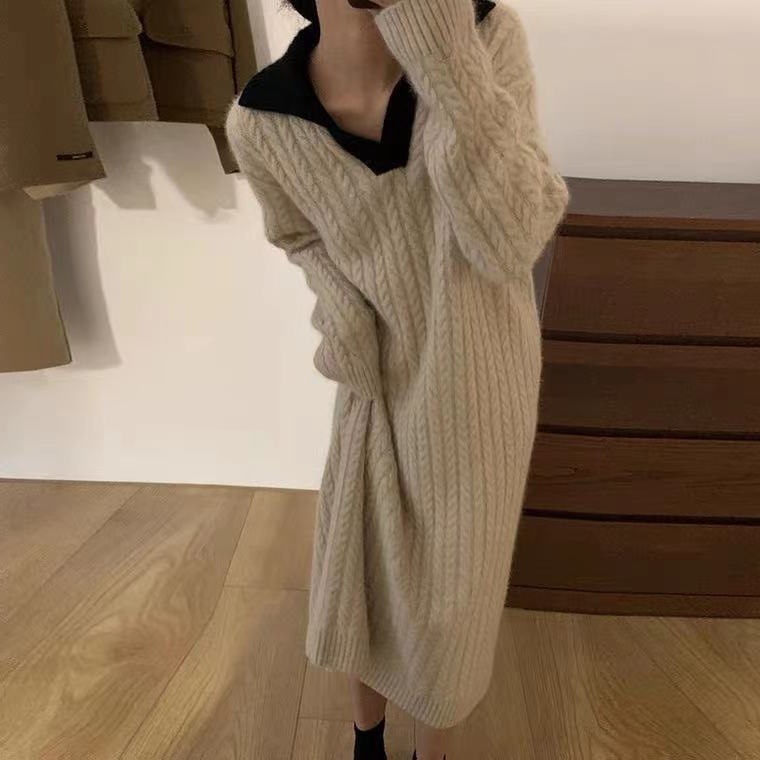 Idle Style Long Twist Knitted Dress for Women Autumn and Winter Thick French Elegant Peter Pan Collar Long Sleeve Sweater Skirt