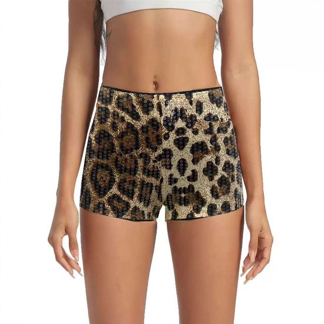 2025秋季新款外贸女装豹纹印花亮片高腰紧身辣妹性感特色超短裤女